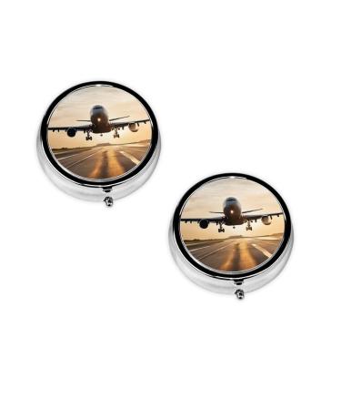 Airplane Printed Mini Round Pill Box Pill Box 3 Compartment Medicine Pill Case Pill Organizer Travel Pillbox Portable Pill Box for Pocket Home Office Use