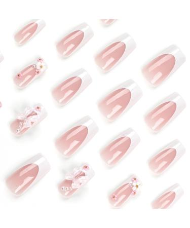 White French Tip Press on Nails - Medium Long Acrylic Fake Nails with 3D Bow Pearls & Flower Charms - Full Cover Glossy Stick on Nails for Women | 24 Pcs - Buy Online on GoSupps.com