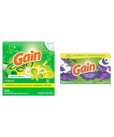 Gain Powder Laundry Detergent (Laundry Soap) HE Compatible Original Scent 133 Loads & Dryer Sheets Moonlight Breeze Scent 120 Count Laundry Detergent + FABRIC_SOFTENER 43447
