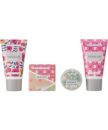 Vintage & Co fabric & flowers hand care gift set |30 ml hand cream 30 ml of hand wash 30 g of hand wash & 9 g hand balm |Vegan friendly |Travel -friendly sizes fabric and flowers