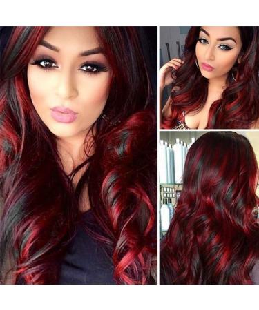Sallcks Black Red Wig for Women Long Wavy Wig Highlights Layered Silky Middle Part 2 Tone Synthetic Cosplay Costume Wigs