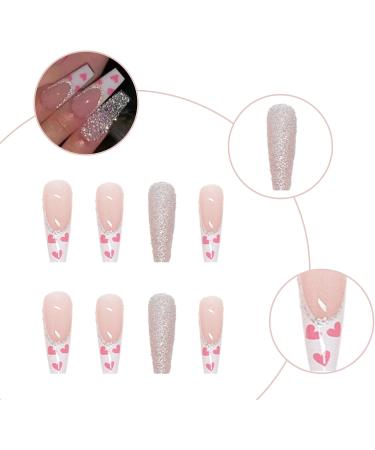 Luvadeyo 24pcs Coffin Long Press on Nails - Shiny Full Cover Pink Heart Acrylic Fake Nails for Women & Girls - Buy Online on GoSupps.com