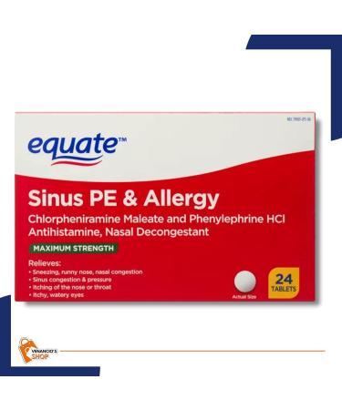Equate Sinus & Allergy Relief PE Tablets - Maximum Strength Antihistamine & Decongestant - 4 Hour Allergy Medication - 72 Count (Pack of 3) + Bonus Venancio Sfridge Sticker - Buy Online on GoSupps.com