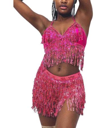 Zoestar Sequin Hip Scarf with Bra Top Dance Costume - Rose Red - Buy Online on GoSupps.com