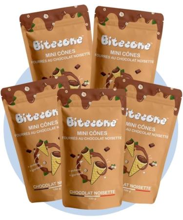 BITECONE - Ice Cream Cone | Mini Filled Cones | Pack of 5 Bags | 100% French Brand | Made in Brittany | Snacks with Sustainable Cocoa | Palm Oil Free | 500g (Chocolate Hazelnut)