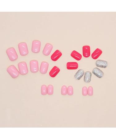 Short False Nails - Cute Red & Pink Square Press On Nails with Silver Glitter | 24 Pcs Acrylic Stick On Nails for Women & Girls - Buy Online on GoSupps.com