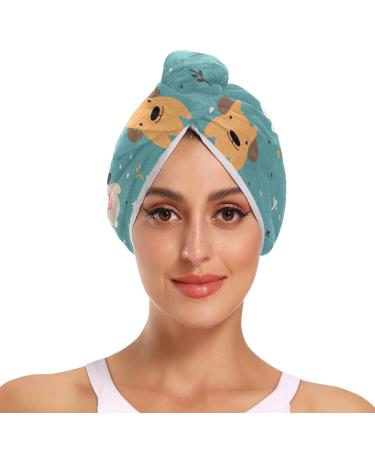 Cartoon Dogs Hair Towel 2 Pack Super Absorbent Hair Drying Towel Quick Dry Hair Turbans Head Towel with Button Twisty Wrap for Women Girls