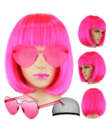 LIULIUBTY Short Bob Hair Wigs Straight with Flat Bangs Synthetic Colorful Cosplay Daily Party Neon Wig for Women + Free Wig Cap 14 Natural As Real Pink