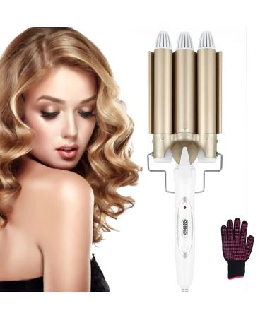 Ten-Tatent Hair Waver 3 Barrel Hair Curler Curling Iron 25mm with 2 Temperature Control 30s Quick Heating for Long or Short Hair Styling with Heat Resistant Glove(Gold)