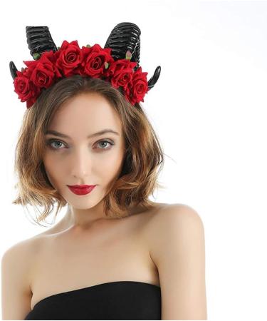 amangul Halloween Hair Accessories Ox Sheep Horn Headband Rose Flower Headdress - Buy Online on GoSupps.com