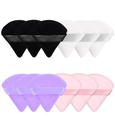 12 Pieces Triangle Powder Puffs Washable Velvet Powder Puff Wet Dry Dual-Use Makeup Puff Cosmetic Puff Soft Velour Puff Foundation Puff for Face Loose or Pressed Powder black/white/purple/skin