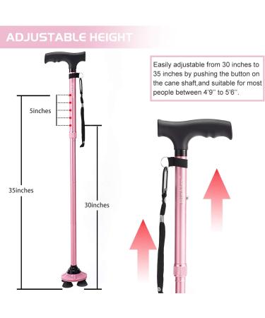BigAlex Pink Folding Walking Cane with Quad Base - Adjustable Stick for Men/Women (30-35 inches) - Includes Carrying Bag - Buy Online on GoSupps.com