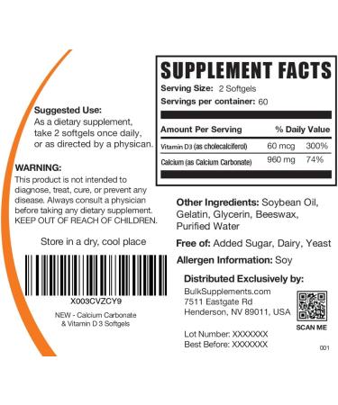 BulkSupplements Calcium Carbonate with Vitamin D3 Softgels - 120 Count - Buy Online on GoSupps.com