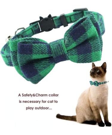 Green Plaid Cat Collar Breakaway with Bell and Bow Tie - Adjustable Safety Collar for Kitty and Kitten (6.8-10.8in) - Buy Online on GoSupps.com