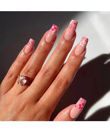 24PCS Flower Press on Nails Medium Square Glossy Fake Nails Pink Flower False Nails Stick on Nails with Glue Spring Nail Decoration with Cute Flowers Design Fake Artificial Nails for Women Manicure