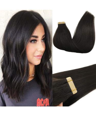 GOO GOO Tape in Hair Extensions Natural Black Real Human Hair Extensions Seamless Straight Human Hair Extensions 20pcs 50g 20inch, Natural black #1b 20 Inch (Pack of 1) #1b Natural black