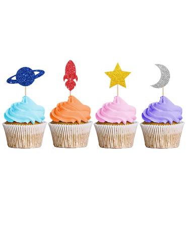 Space Cupcake Toppers Outer Space/Galaxy Birthday Cupcake Toppers Rocket/Planets/Moon/Star Dessert Picks Astronaut Baby Boy Birthday Party Decoration - Blue Glitter