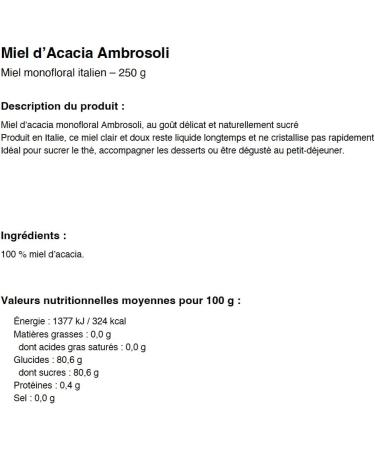 Miel d acacia monofloral miel italien clair et d licat pot en verre 250 g id al pour th desserts et petit d jeuner - Buy Online on GoSupps.com