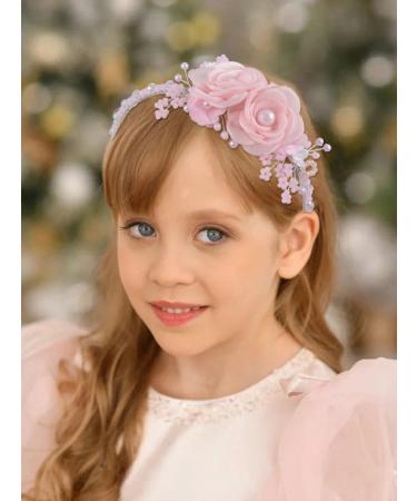IYOU Flower Girl Headpiece Pink Floral Headbands Pearl Princess Birthday Wedding Hair Accessories for Girls