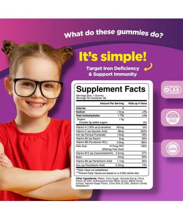 YHN Natural Kids Iron Gummies with Essential Vitamins and Minerals - Immune Boost and Focus Supplement - 60 Pills - Buy Online on GoSupps.com