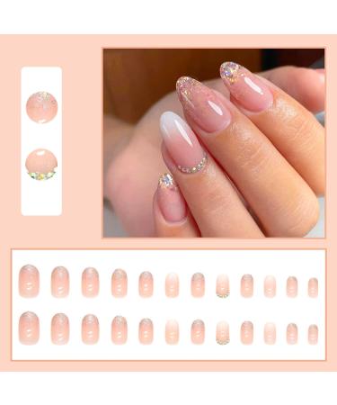 Gradient Pink Almond Press-on Nails - 24Pcs Short False Nails with Glitter Diamond Design | Glossy Stick-on Nails for Women | Oval Shape Fake Nails for Manicure - Buy Online on GoSupps.com