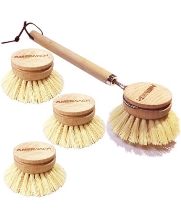 AMERWASH PLUS Dish Brush with Wooden Handle, Natural Kitchen Brush for Dishes Vegetable, Pots and Pans, Tampico Fiber Bristles Scrubber, Extra 3 Pack Replacement Head Included