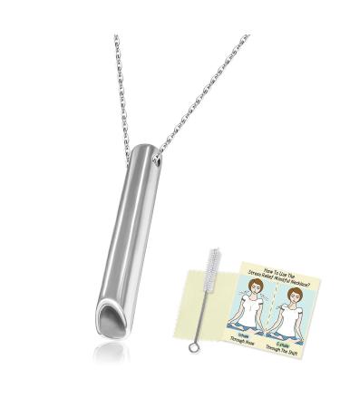 Natural Healing Necklace for Women and Men Stress Relief Necklace with Stainless Steel Breathing Pendant for Meditation Anxiety Relief Relaxation and Exercise (Silver)