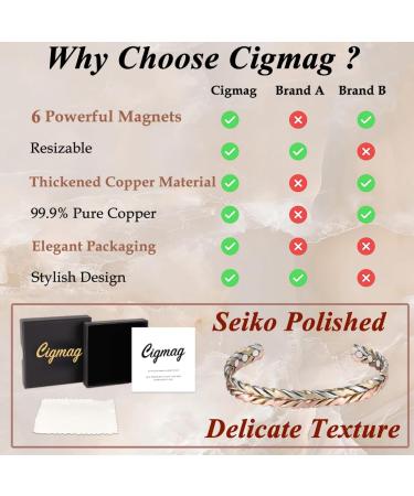 Cigmag Lymphatic Drainage Copper Bracelet for Women - Ultra Strength Magnet, Adjustable Tricolor Feather Wide Design - 99% Solid Pure Copper - Buy Online on GoSupps.com