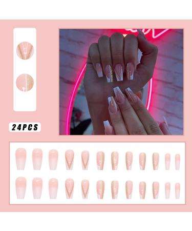 24Pcs Glitter French Press On Nails - Medium Coffin False Nails for Women - Almond Shaped Acrylic Stick On Nails - Buy Online on GoSupps.com