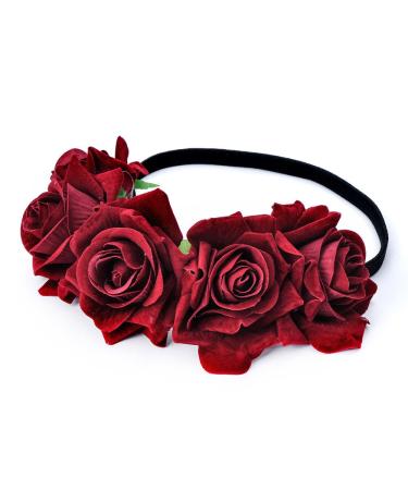 DreamLily Rose Flower Crown Wedding Festival Headband Hair Garland Wedding Headpiece (1-Burgundy)