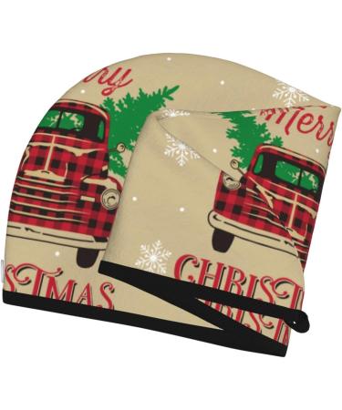 Hair Towel Wrap - Quick Drying Hair Turban with Button | Christmas Vintage Red Truck Design - Buy Online on GoSupps.com