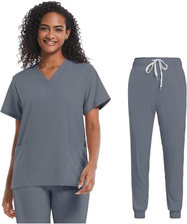 Women's Scrub Set: V-Neck Top & Jogger Pants | Grey Workwear Uniform with Athletic Stretch | Size Small - Buy Online on GoSupps.com