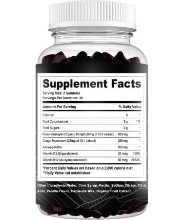 Pure Himalayan Shilajit Gummies with Ashwagandha and Chaga Mushrooms Vitamin D2 and B12 Fulvic Acid and 85+ Trace Minerals | Plant-Based Vegan Gluten Free | 60 Gummies - 30 Servings - Buy Online on GoSupps.com