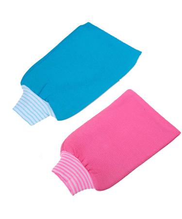 LISSOMPLUME 2 Pack Mens Body Exfoliating Bath Mitt Hammam Shower Gloves Hand Scrub Towel for Women Rose Red & Blue 24cm*13cm 2 PACK