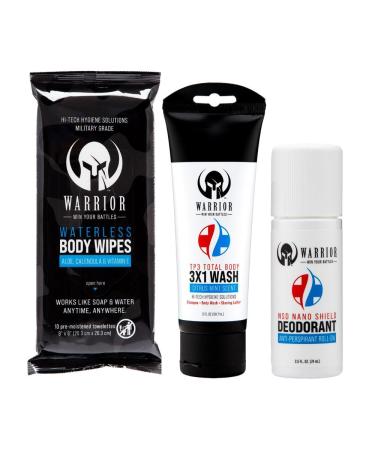 WARRIOR -WIN YOUR BATTLES- 3 in 1 Body Wash For Men & Women Travel Size Body Wash - 3 Oz | Nano Shield Antiperspirant Deodorant | Waterless Hypoallergenic Cleaning Wipes - 2.5 Oz