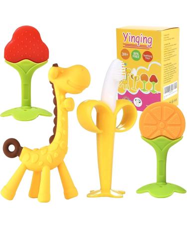 Baby Teething Toys Silicone Baby Teether Soothe Babies Gums Banana Toothbrushes Fruit Shape Giraffe Teething Toys with Storage Case/Bpa-Free Teether Set for Toddler 4 PACK