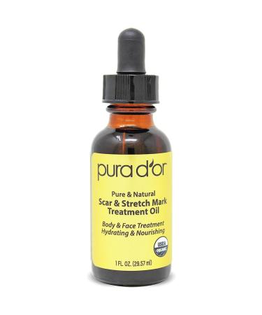 PURA DOR Organic Scar & Stretch Mark Treatment Oil (1oz) For Skin - With Rosehip, Wheat Germ, Argan, Tamanu, Carrot, Rosemary, Lavender, Geranium, Patchouli, Sage
