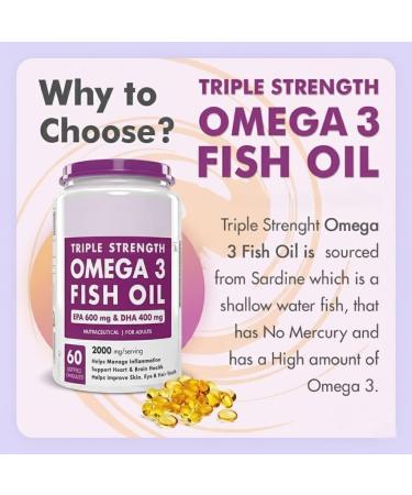 Omega 3 Fish Oil | Omega 3 Fish Oil Capsules for Women and Men | Triple Strength Fish Oil | Burpless EPA 600 - DHA 400 Supplement 60 Softgel Capsules - Buy Online on GoSupps.com