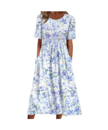 Summer Dresses for Women 2023 Elegant Loose Print Dress Casual V-Neck Buttons Long Dress Pockets Short Sleeve Dress A05-purple XX-Large