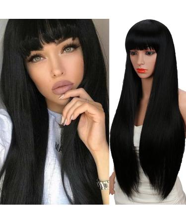 Kalyss 28 Women's Silky Long Straight Black Wig with Bangs - Heat Resistant Synthetic Hair Wig for Women - Black 1B - Buy Online on GoSupps.com