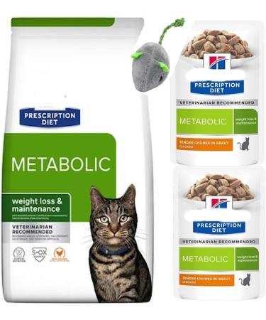 Prescription Diet Feline Metabolic Weight Management Dry Food for Cat (Chicken) 1.5 kg Diet Feline Metabolic wet 2 Pouches and Catnip mouse for your cat