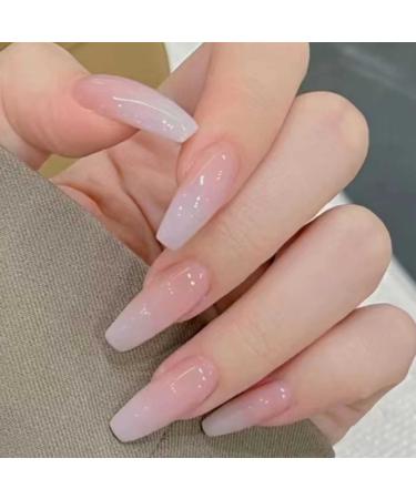 Hkanlre Coffin Press on Nails Ballerina Long Fake Nails Acrylic Full Cover Gradient False Nails for Women and Girls 24PCS Pink coffin gradient