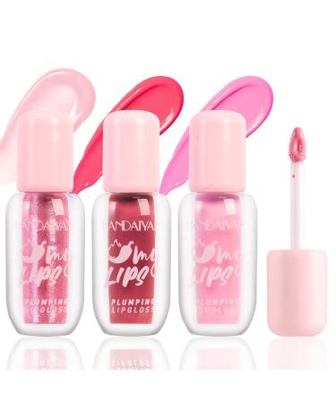 3 Colors Lip Plumper Gloss with Chili Extract-Lasting Plump Lips Hydrate & Volumize-High Shine Clear Pink Liquid Lipstick Plumping Tint Smooth Lip Wrinkles Instantly Fuller Women Girls Makeup