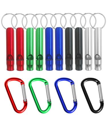 10 pcs Aluminum Whistles with 4 Nonlocking Carabiners Hooks, FineGood Emergency Survival Whistles with Key Ring Chain for Sport Referee Hiking Camping Climbing