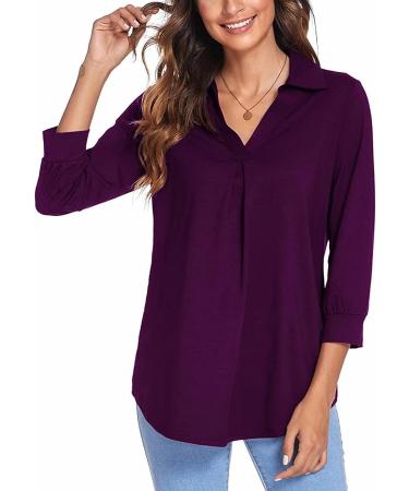 Yck-SAiWed Women's Elegant V Neck 3/4 Sleeve Blouse - Purple, Large | Casual Work Office Solid Color Tunic Top - Buy Online on GoSupps.com
