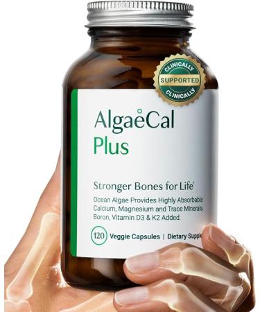 ALGAECAL Plus - Organic Red Algae Calcium Supplement, Vitamin K2 MK7 (100mg), Vitamin D3 (1600 IU), Magnesium (250mg) & Trace Minerals, for Bone Health & Strength, Easy to Swallow, 120 Veggie Caps - Buy Online on GoSupps.com