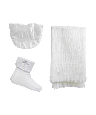 Baby Boys & Girls Christening Set Wrap Bib Socks Christening Day Gift Set White 6-12 Months White 6-12 Months