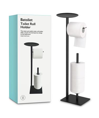 Toilet Paper Holder Stand, Bathroom Toilet Paper Roll Holder Stand with Reserve, Free Standing Toilet Paper Holder, Standing Toilet Paper Holder with Storage by Batoliet Plus Black