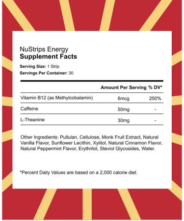 NuStrips Fast-Dissolving Energy Strips with 50mg Caffeine L-Theanine & Vitamin B12 Instant Energy & Focus Without Jitters or Crash Works Faster Than Coffee Soothing Cinnamon (30 Strips) - Buy Online on GoSupps.com