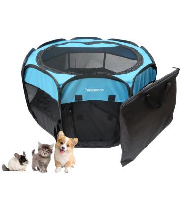Tecageaon Portable Foldable Pet Playpen Exercise Pen Kennel Tent Carrying Case Indoor Outdoor Water-Resistant Removable Shade Cover for Puppies Kittens Cats Small Dogs Blue